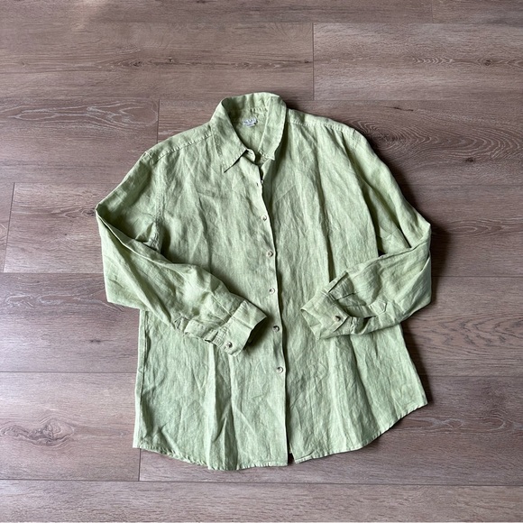 Vintage 100% Linen Bright Lime Green Button Down Shirt Sz M - Picture 1 of 5